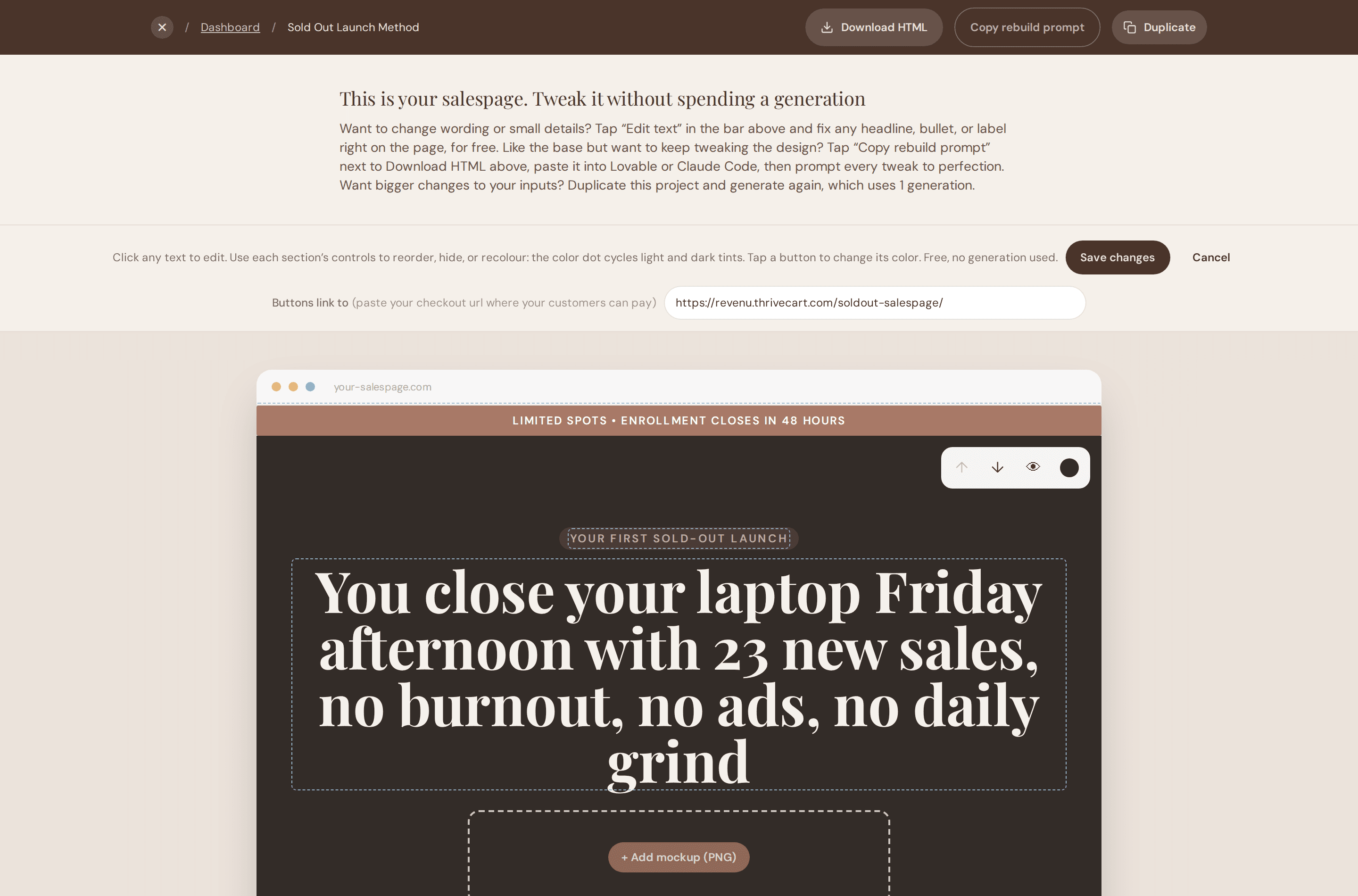 The Sold Out Salespage editor with a generated page open