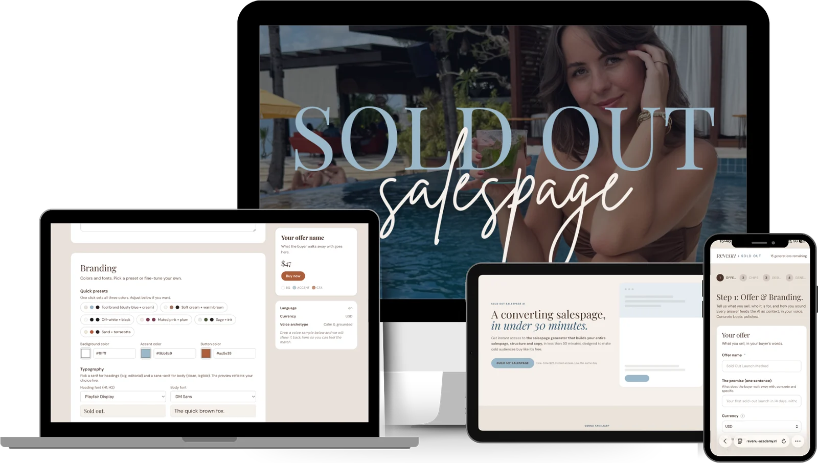 Sold Out Salespage AI on a laptop, desktop, tablet and phone, from branding step to finished salespage