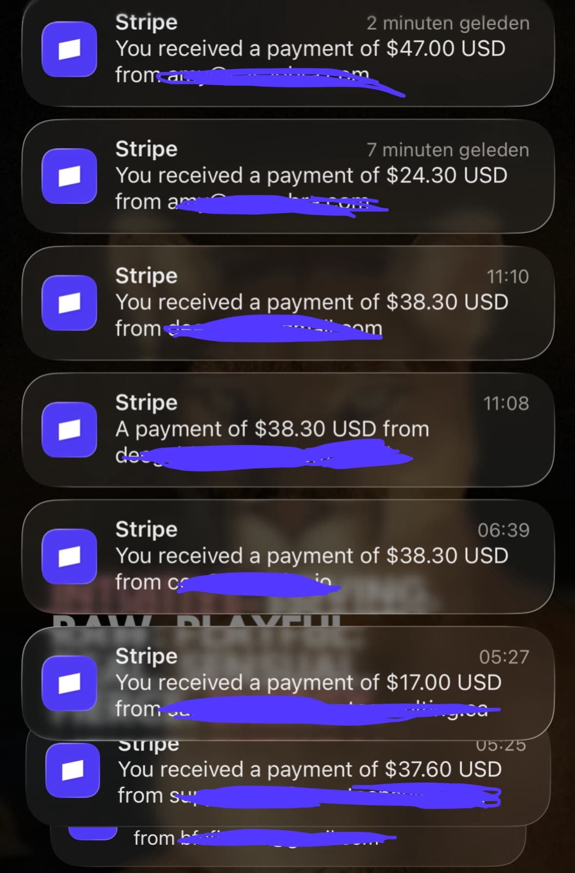 Stripe notifications of digital product payments arriving through the morning