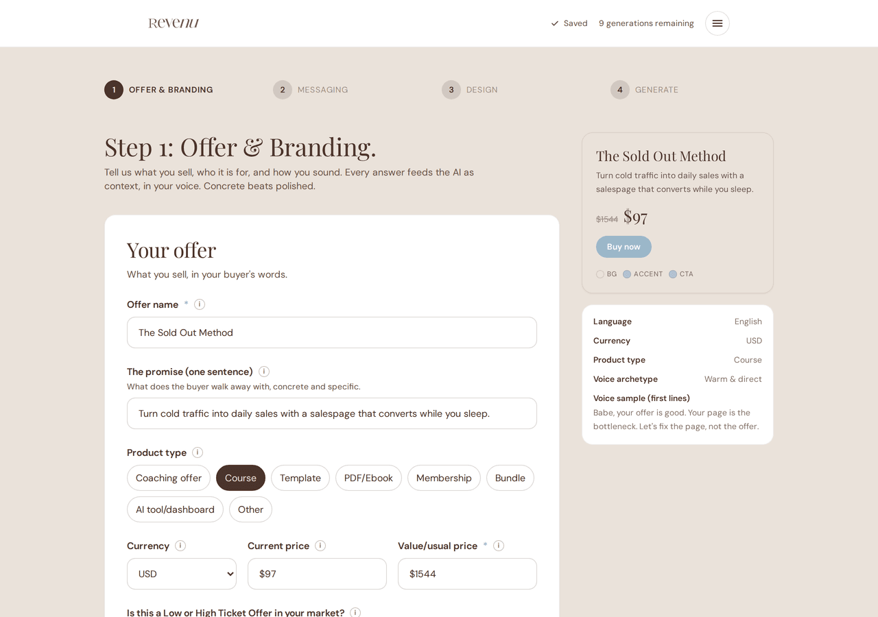 Step 1: Offer & branding