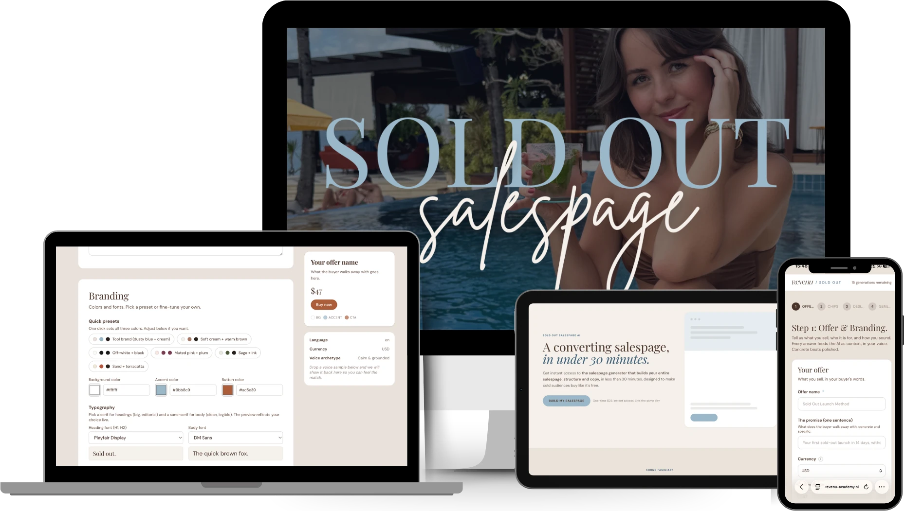 The Sold Out Salespage tool on desktop, laptop, tablet and phone